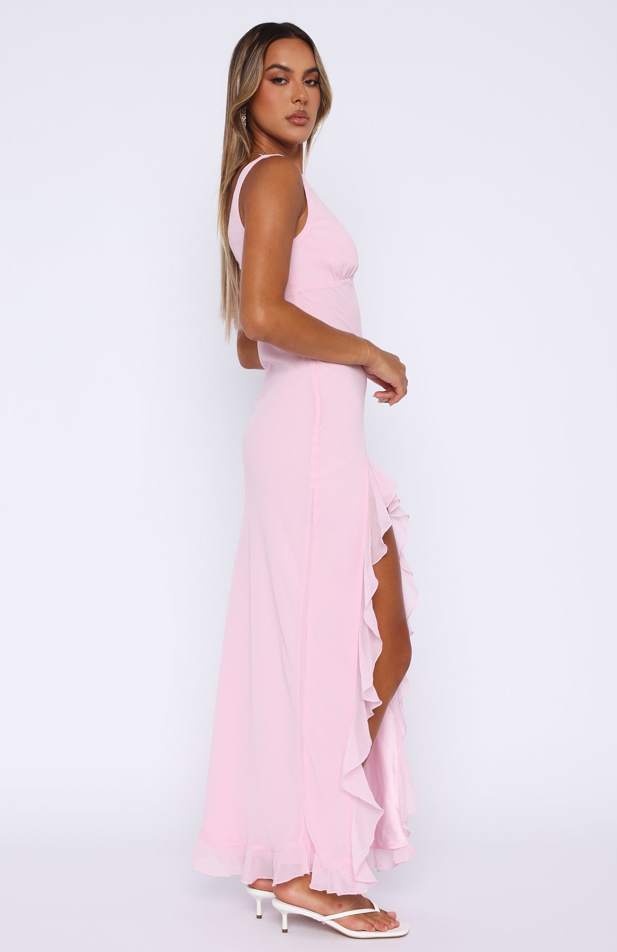 Cenny | Bold Thigh-High Slit Vibrant V-Neck Ruffle Maxi Dress