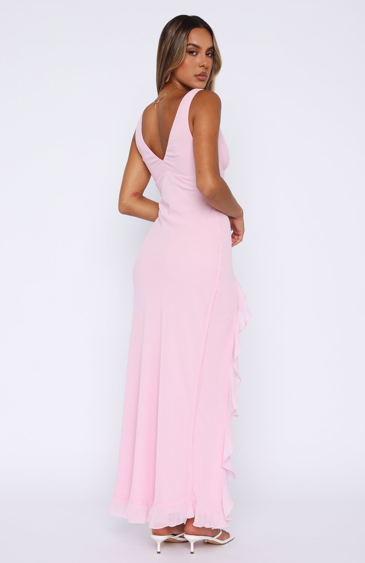 Cenny | Bold Thigh-High Slit Vibrant V-Neck Ruffle Maxi Dress