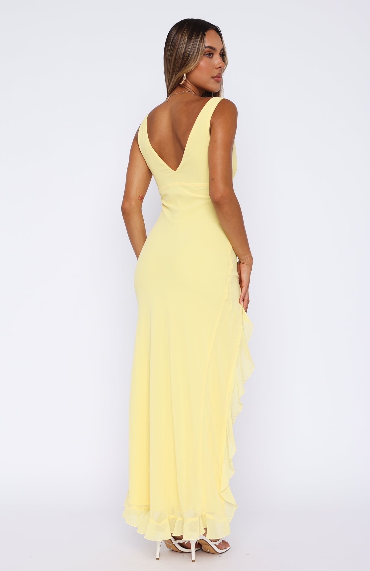 Cenny | Bold Thigh-High Slit Vibrant V-Neck Ruffle Maxi Dress