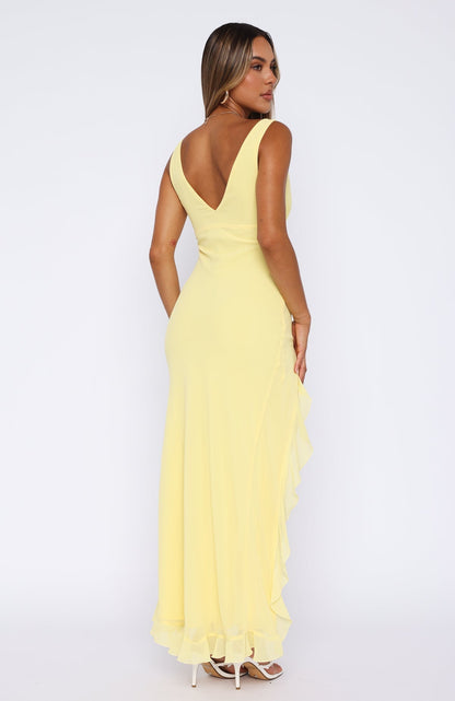 Cenny | Bold Thigh-High Slit Vibrant V-Neck Ruffle Maxi Dress