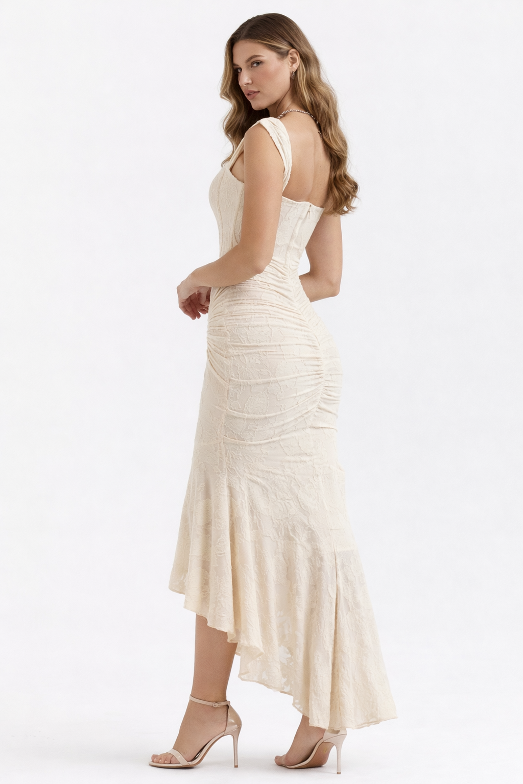 Naomi | Bias Cut Satin Luminous Neutral Midi Dress