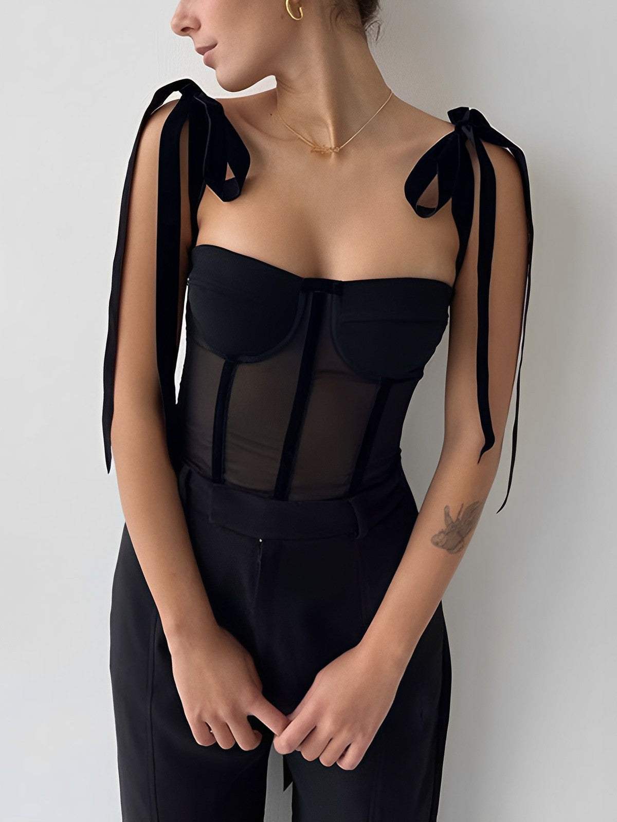 Semi-Sheer Tied Mesh Cami Crop Top
