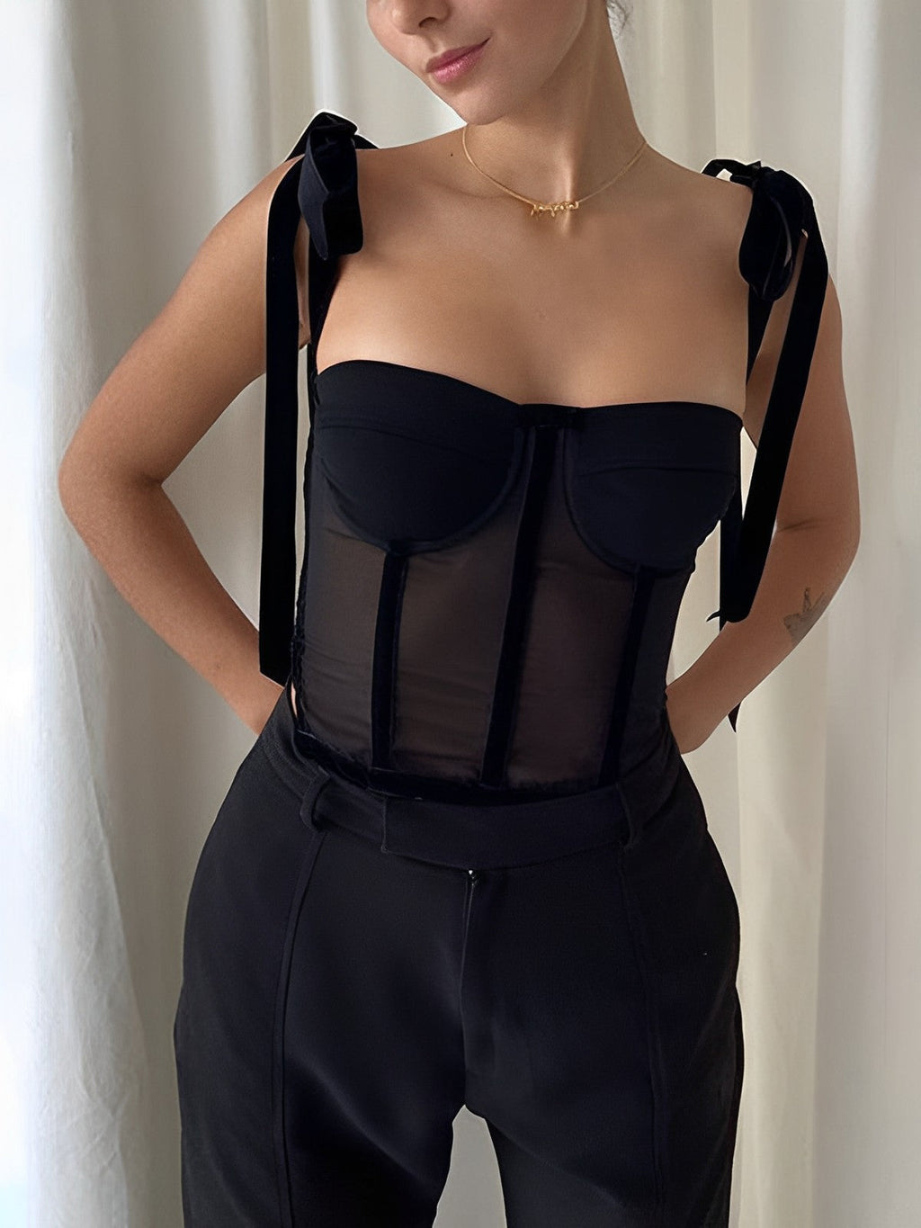 Semi-Sheer Tied Mesh Cami Crop Top