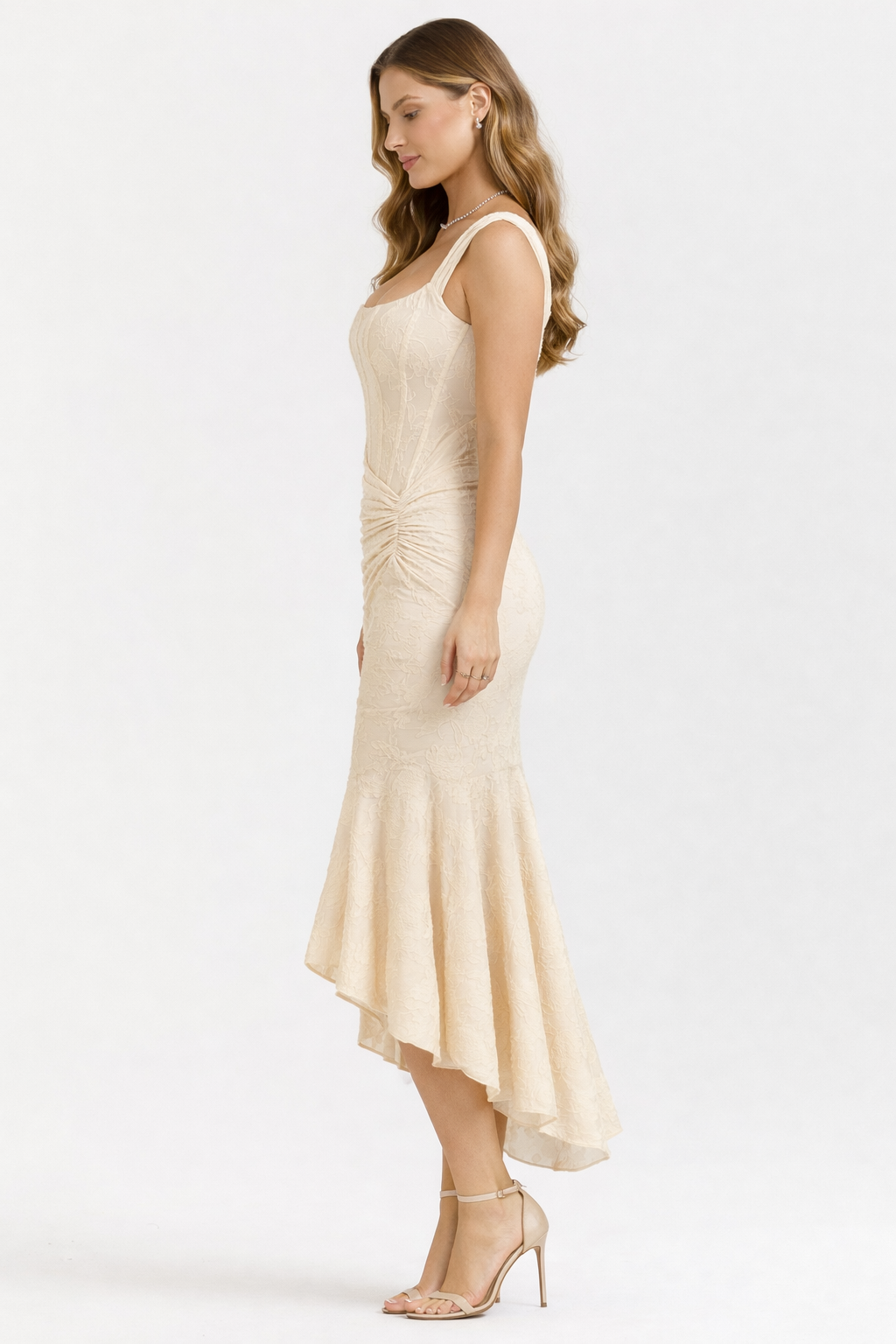 Naomi | Bias Cut Satin Luminous Neutral Midi Dress