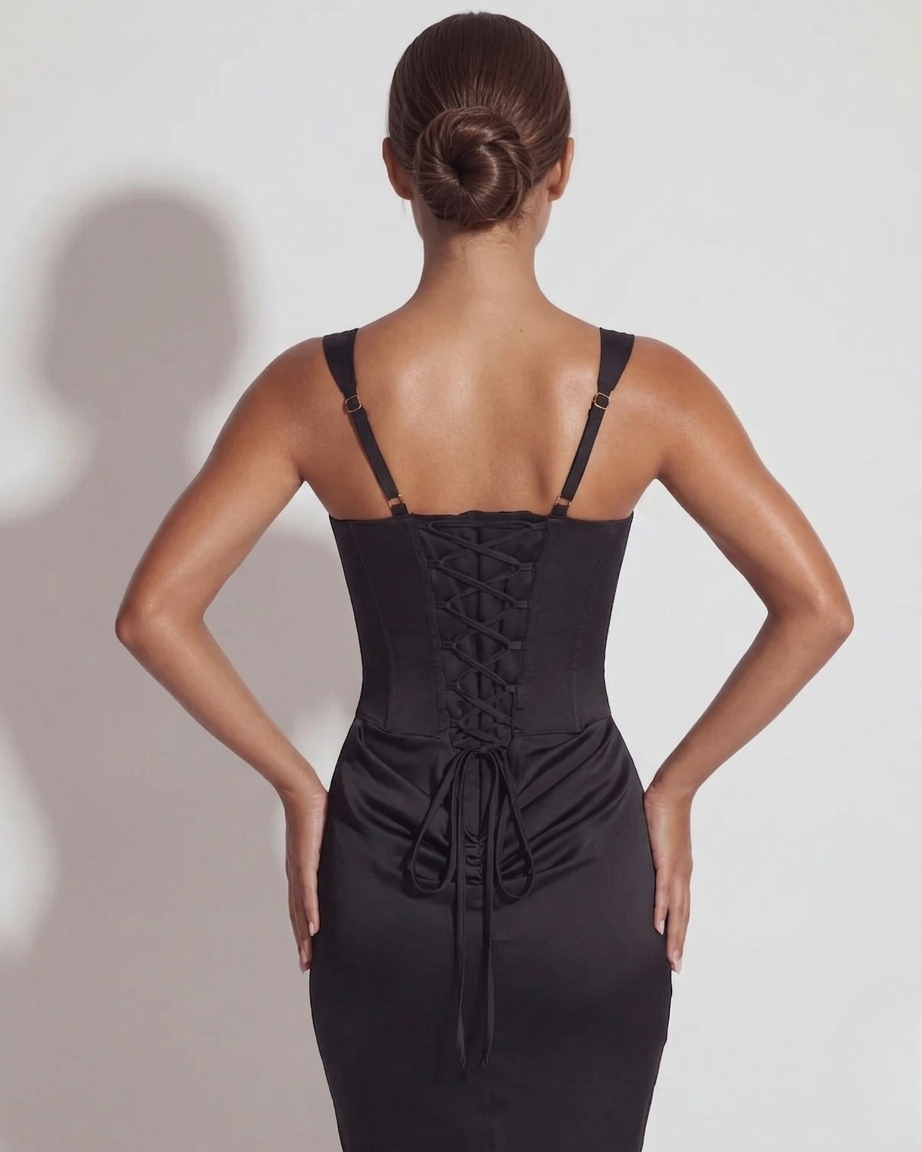 Chantal | Midnight Structured Lace-Up Maxi Dress