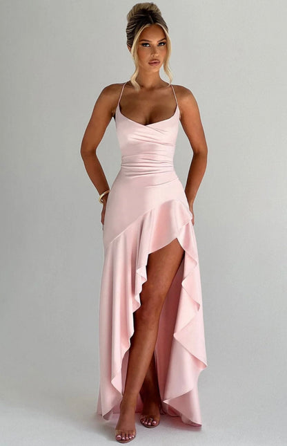 Soraya | High-Low Ruffle Hem Satin Twist Cowl Maxi Slit Dress