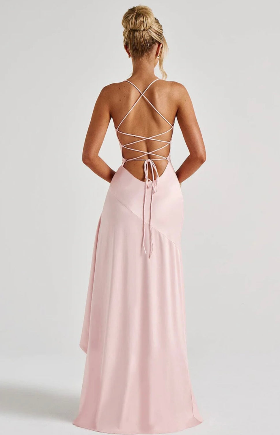 Soraya | High-Low Ruffle Hem Satin Twist Cowl Maxi Slit Dress