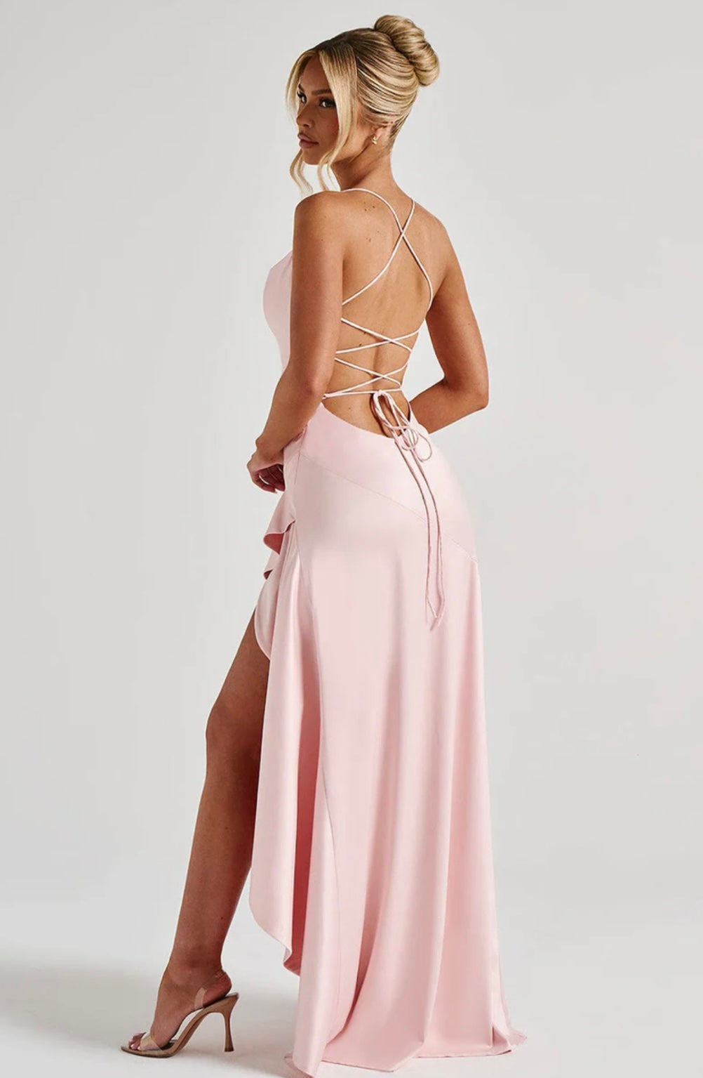Soraya | High-Low Ruffle Hem Satin Twist Cowl Maxi Slit Dress