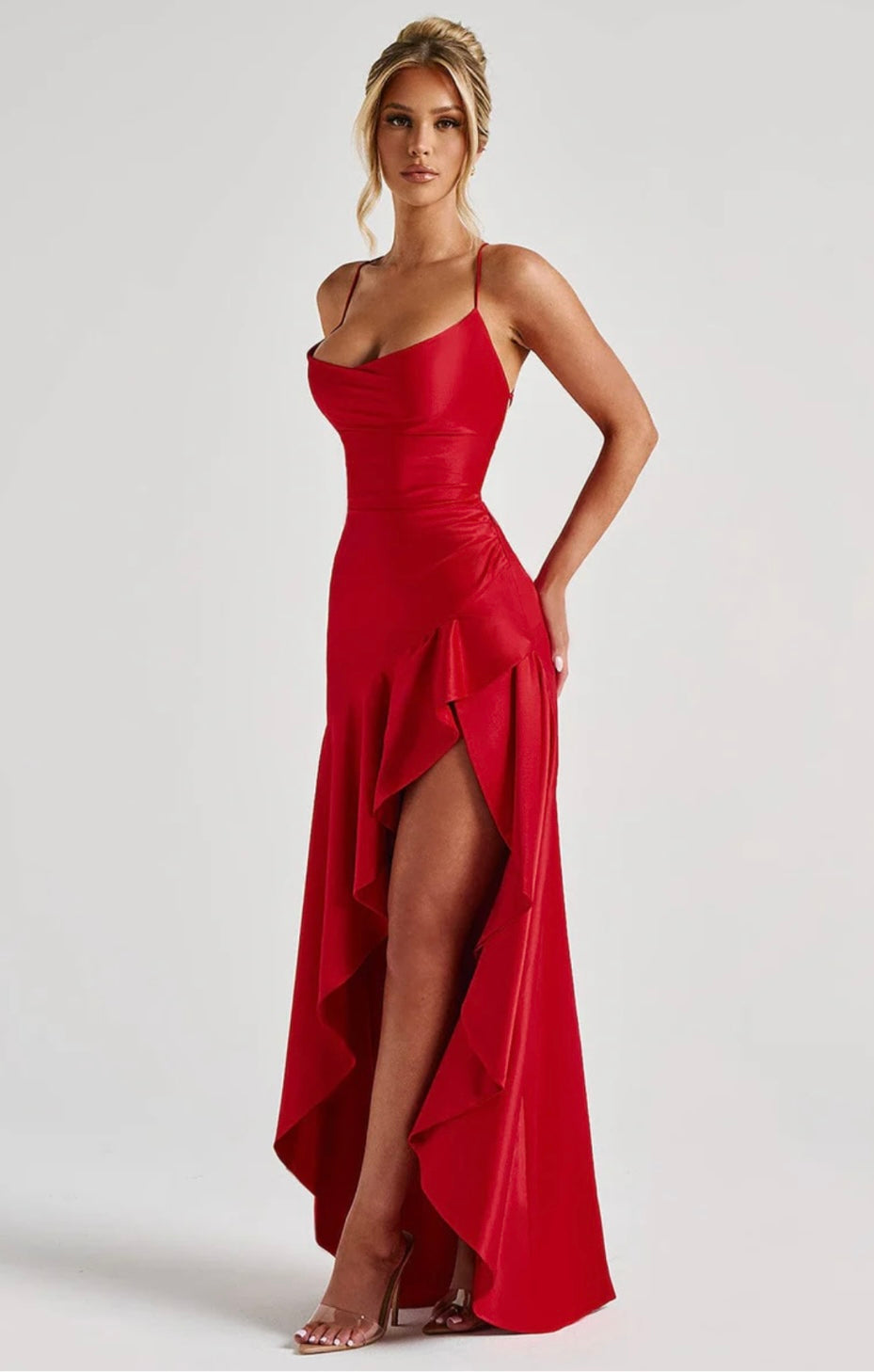 Soraya | High-Low Ruffle Hem Satin Twist Cowl Maxi Slit Dress