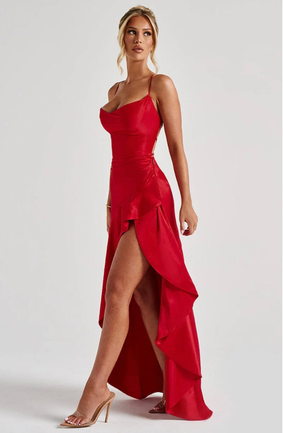 Soraya | High-Low Ruffle Hem Satin Twist Cowl Maxi Slit Dress