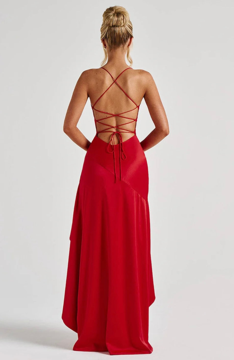 Soraya | High-Low Ruffle Hem Satin Twist Cowl Maxi Slit Dress