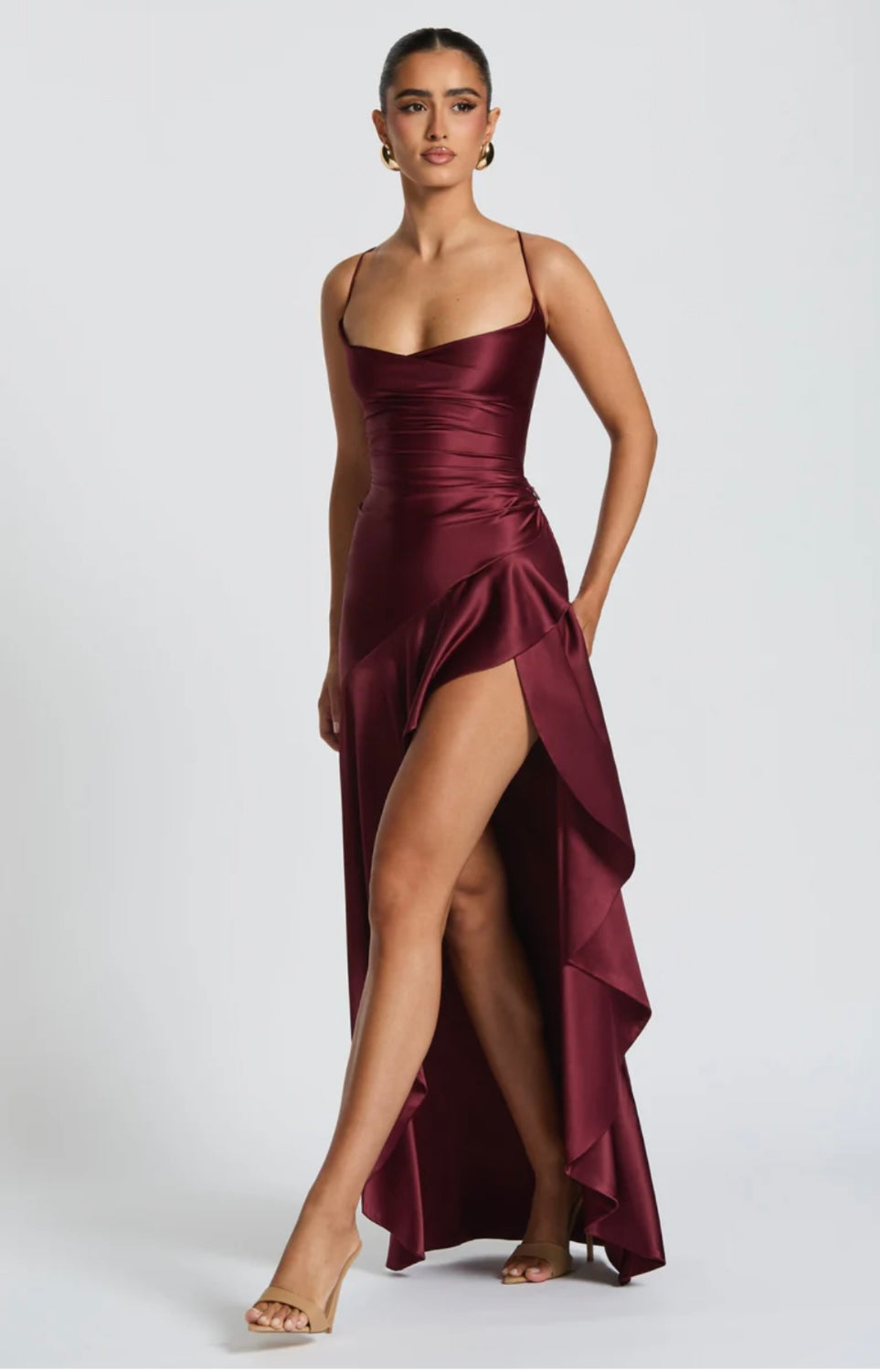 Soraya | High-Low Ruffle Hem Satin Twist Cowl Maxi Slit Dress