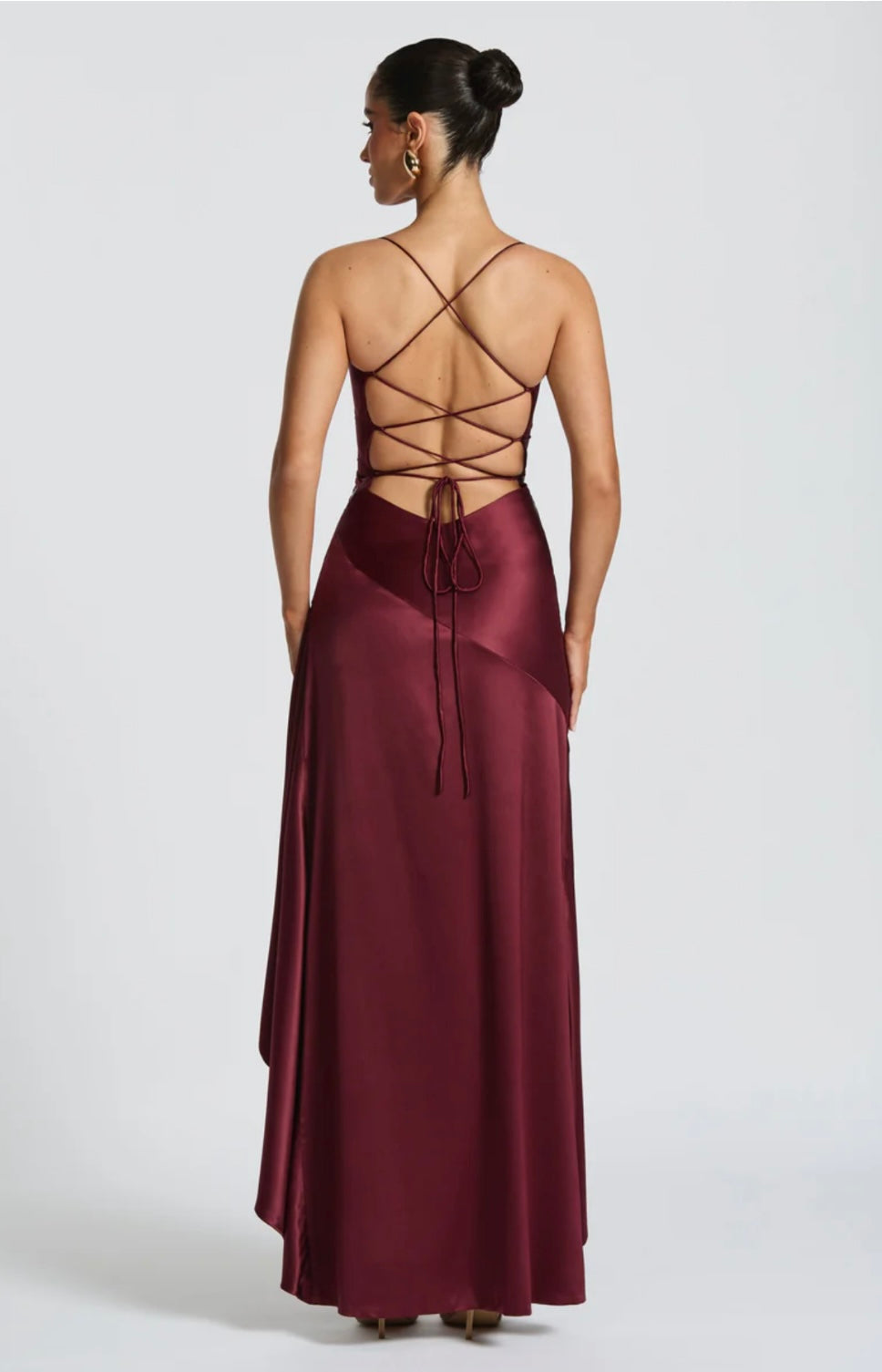 Soraya | High-Low Ruffle Hem Satin Twist Cowl Maxi Slit Dress