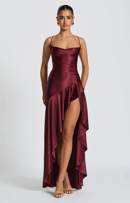 Soraya | High-Low Ruffle Hem Satin Twist Cowl Maxi Slit Dress