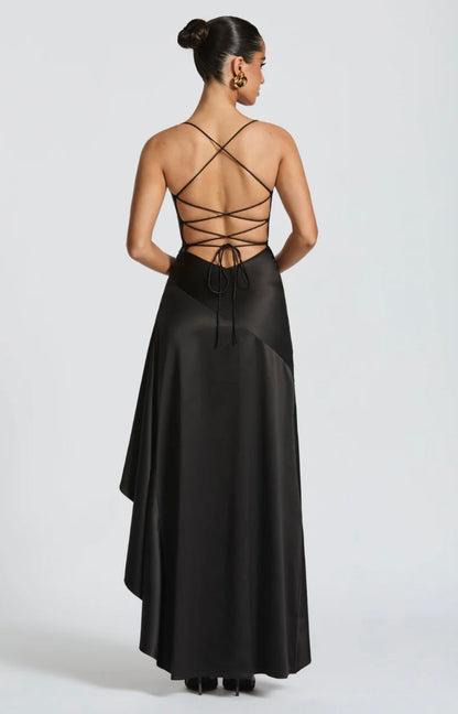 Soraya | High-Low Ruffle Hem Satin Twist Cowl Maxi Slit Dress