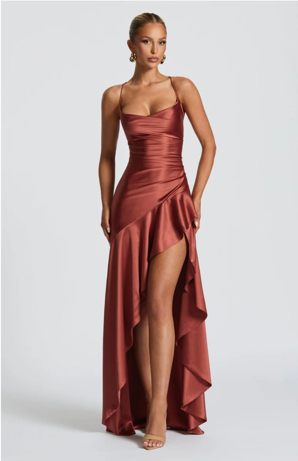 Soraya | High-Low Ruffle Hem Satin Twist Cowl Maxi Slit Dress