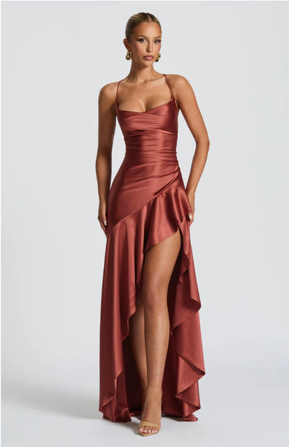 Soraya | High-Low Ruffle Hem Satin Twist Cowl Maxi Slit Dress