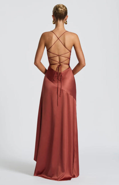 Soraya | High-Low Ruffle Hem Satin Twist Cowl Maxi Slit Dress