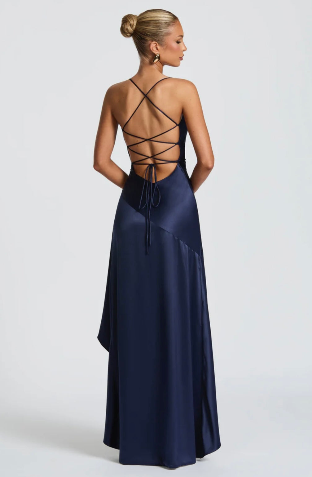 Soraya | High-Low Ruffle Hem Satin Twist Cowl Maxi Slit Dress