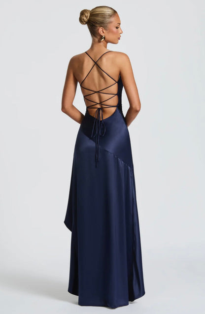 Soraya | High-Low Ruffle Hem Satin Twist Cowl Maxi Slit Dress