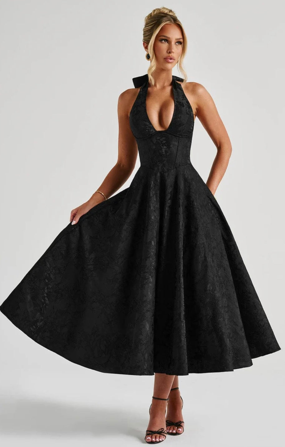 Floriane | Halter Neck Floral Jacquard Midi Dress