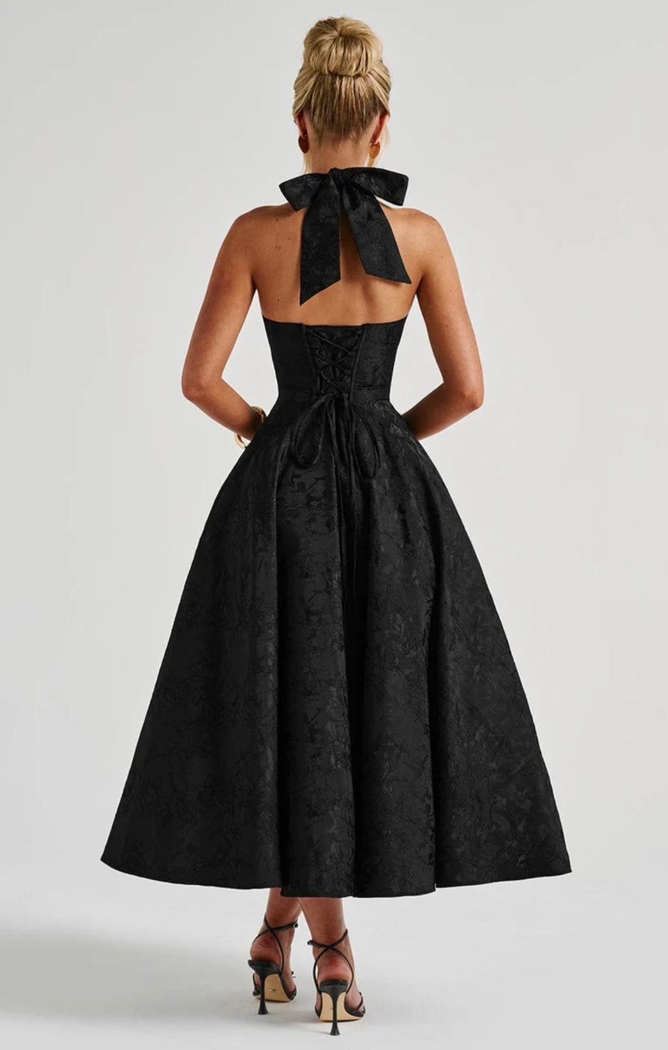 Floriane | Halter Neck Floral Jacquard Midi Dress