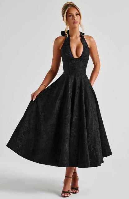Floriane | Halter Neck Floral Jacquard Midi Dress