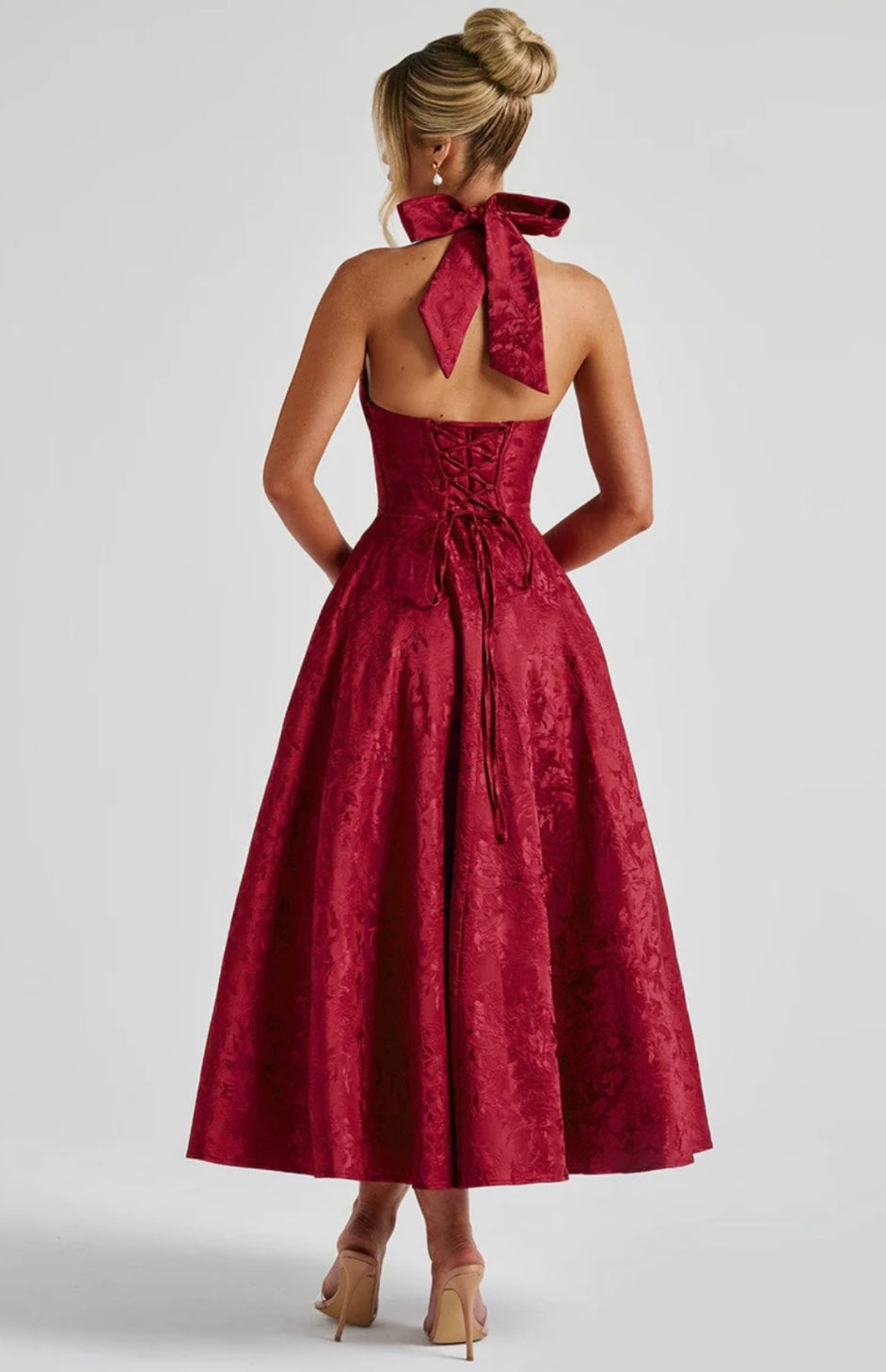 Floriane | Halter Neck Floral Jacquard Midi Dress