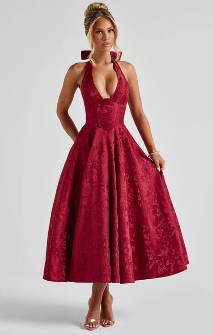 Floriane | Halter Neck Floral Jacquard Midi Dress