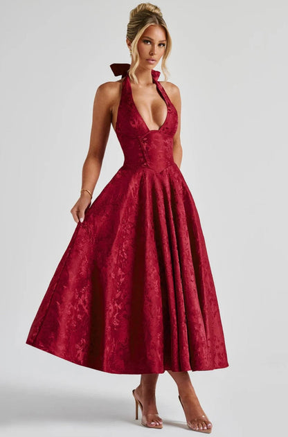 Floriane | Halter Neck Floral Jacquard Midi Dress