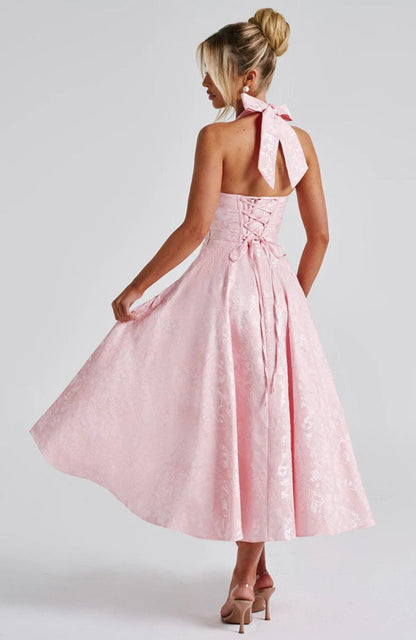 Floriane | Halter Neck Floral Jacquard Midi Dress