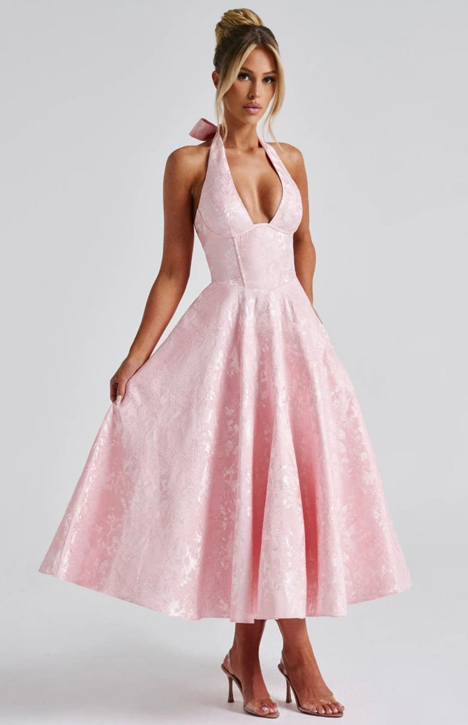 Floriane | Halter Neck Floral Jacquard Midi Dress