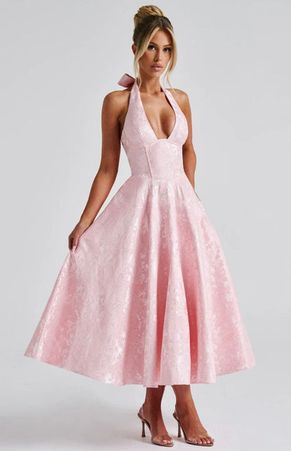 Floriane | Halter Neck Floral Jacquard Midi Dress