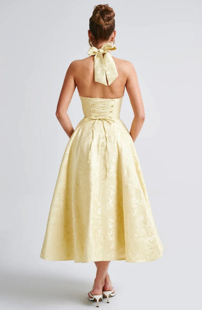 Floriane | Halter Neck Floral Jacquard Midi Dress