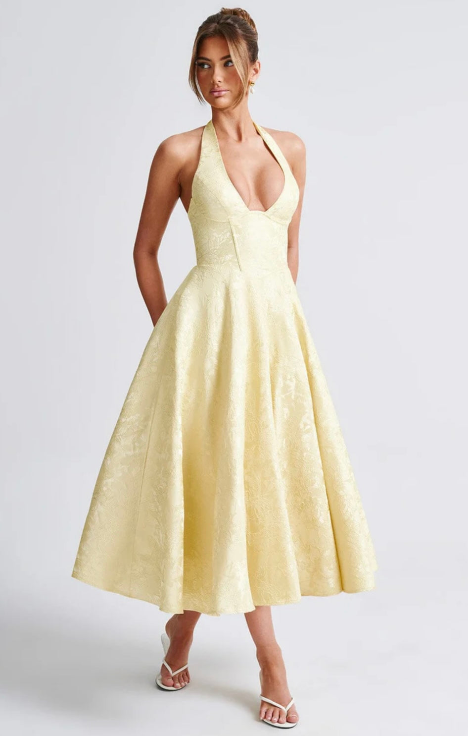 Floriane | Halter Neck Floral Jacquard Midi Dress