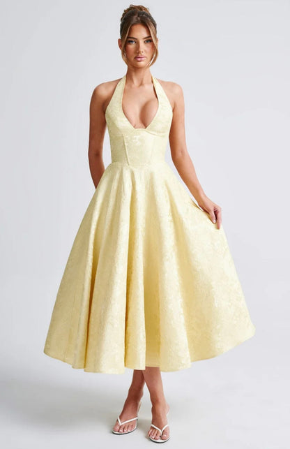 Floriane | Halter Neck Floral Jacquard Midi Dress