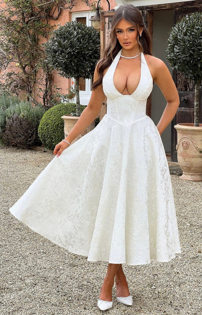 Floriane | Halter Neck Floral Jacquard Midi Dress
