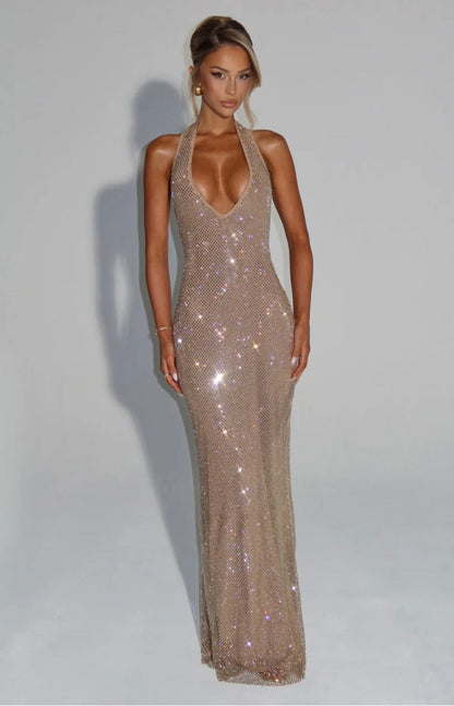Cassidy | Plunging Neckline Crystal Mesh Halter Maxi Dress