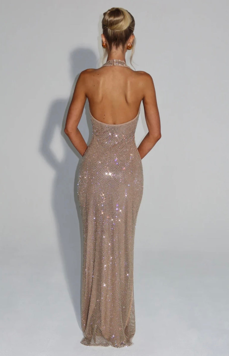 Cassidy | Plunging Neckline Crystal Mesh Halter Maxi Dress