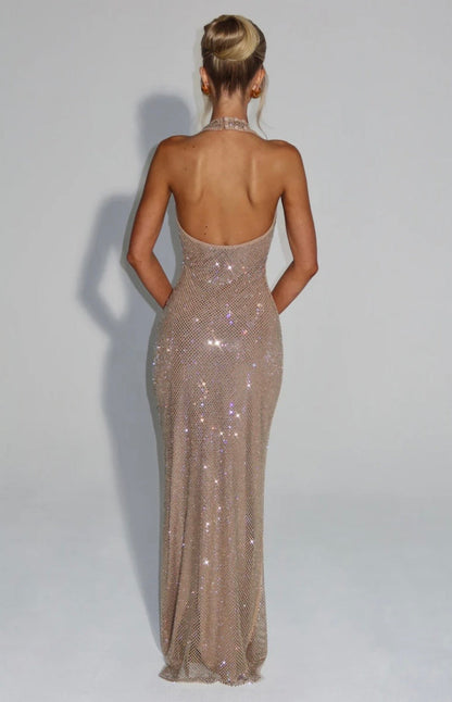 Cassidy | Plunging Neckline Crystal Mesh Halter Maxi Dress