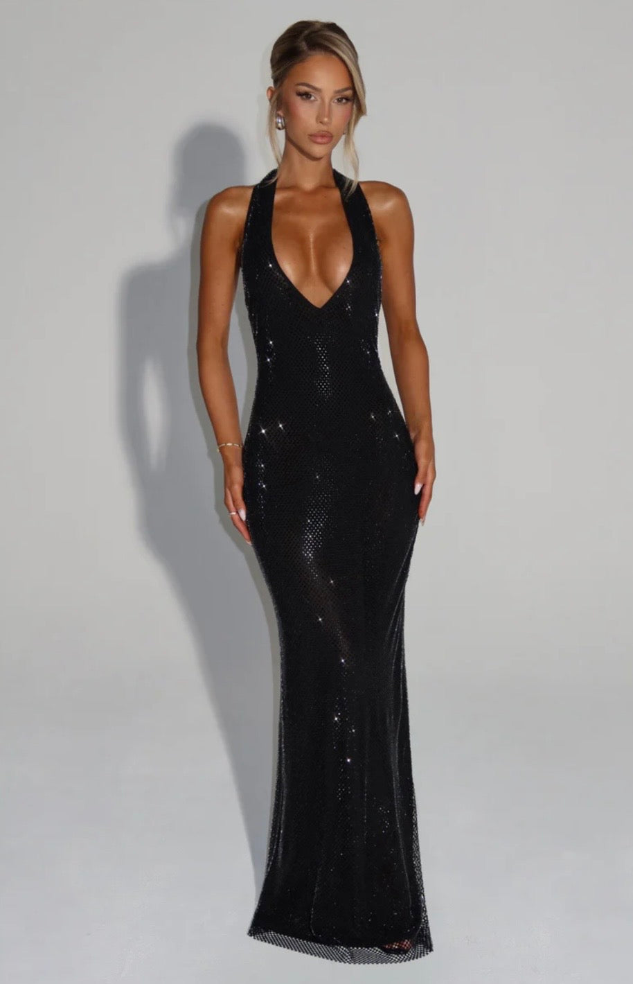 Cassidy | Plunging Neckline Crystal Mesh Halter Maxi Dress