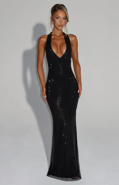 Cassidy | Plunging Neckline Crystal Mesh Halter Maxi Dress