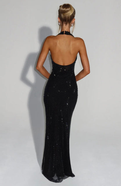 Cassidy | Plunging Neckline Crystal Mesh Halter Maxi Dress
