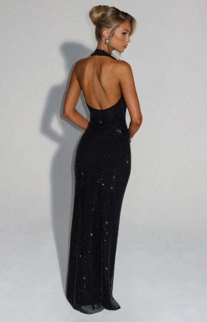 Cassidy | Plunging Neckline Crystal Mesh Halter Maxi Dress