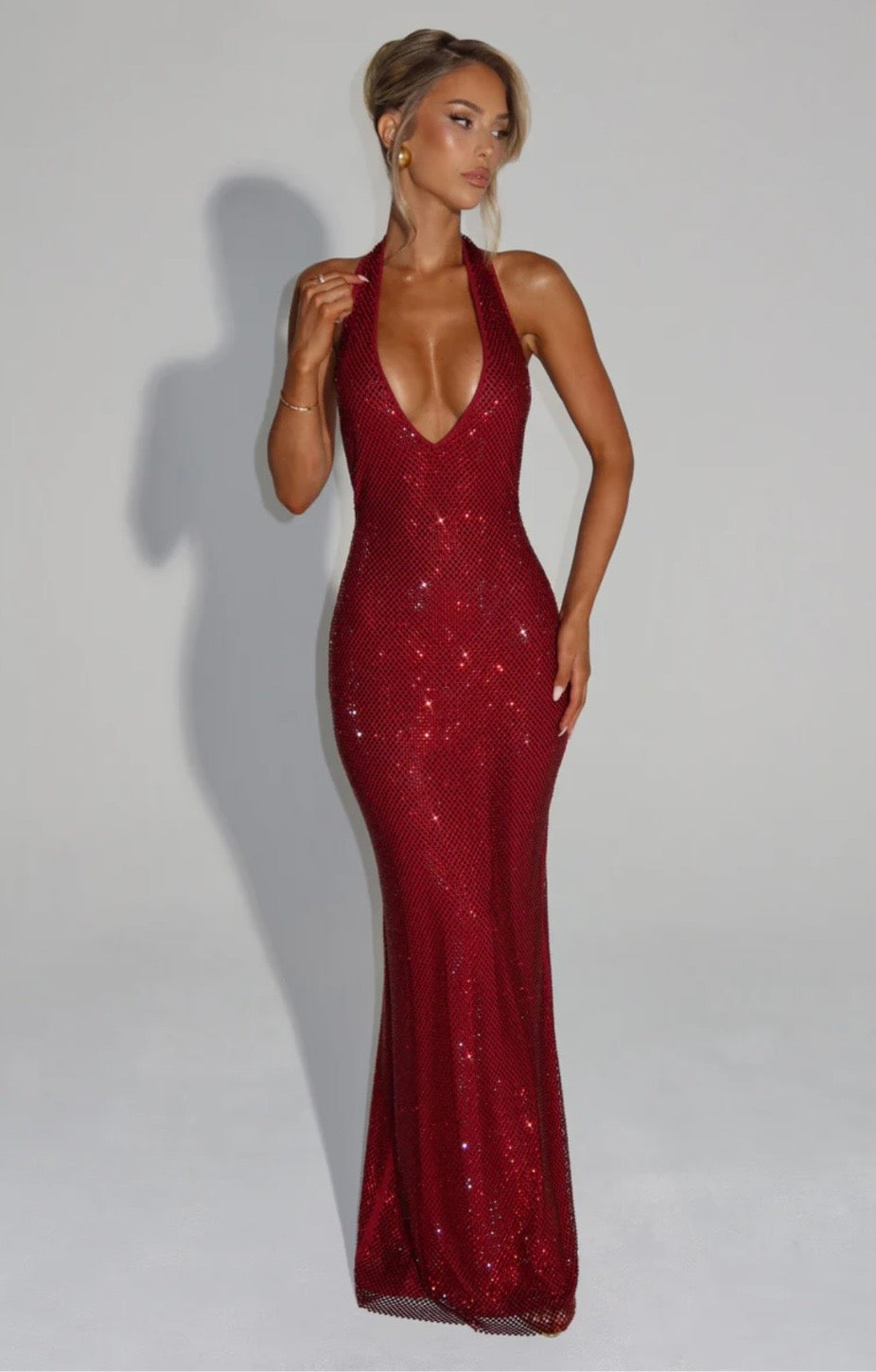 Cassidy | Plunging Neckline Crystal Mesh Halter Maxi Dress