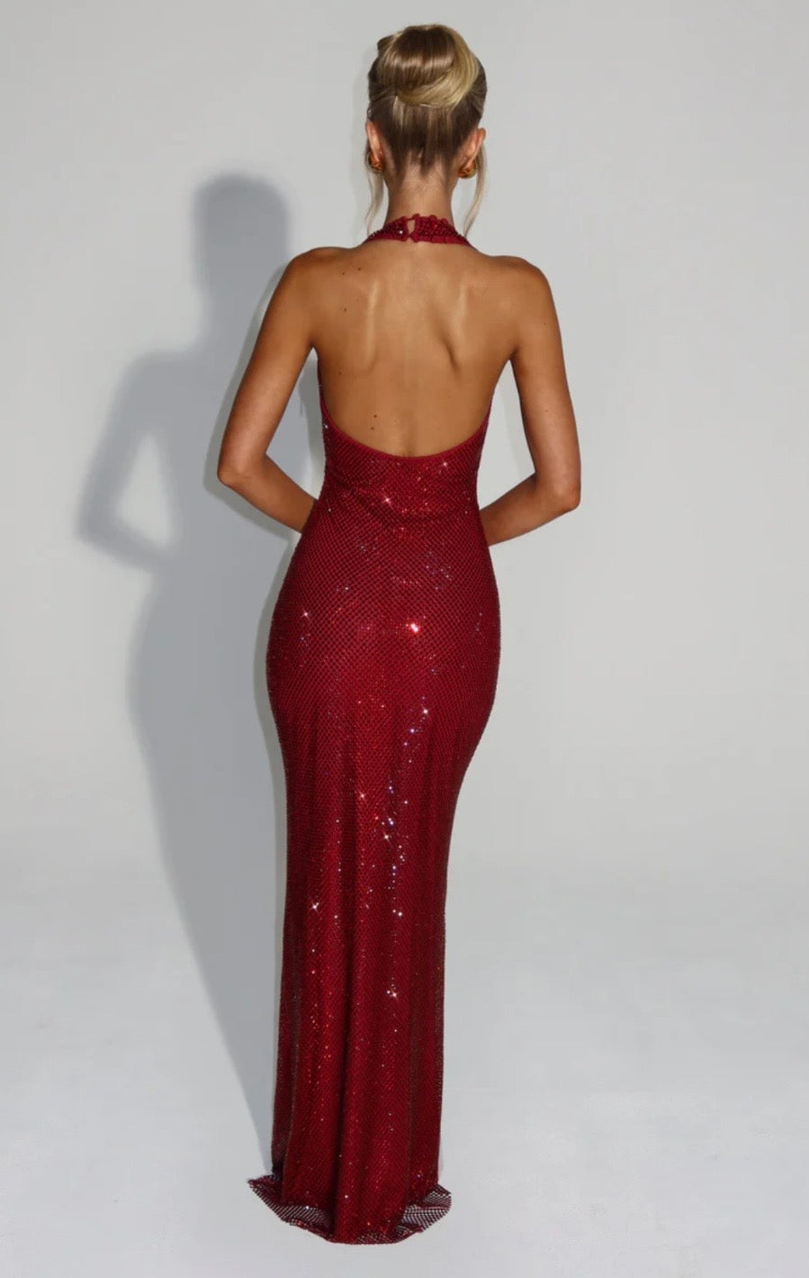 Cassidy | Plunging Neckline Crystal Mesh Halter Maxi Dress