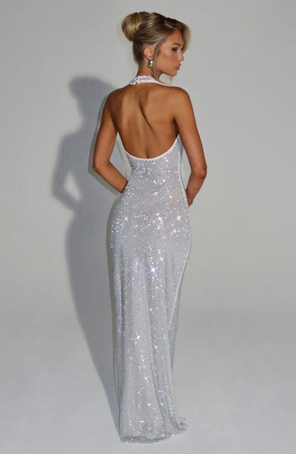 Cassidy | Plunging Neckline Crystal Mesh Halter Maxi Dress