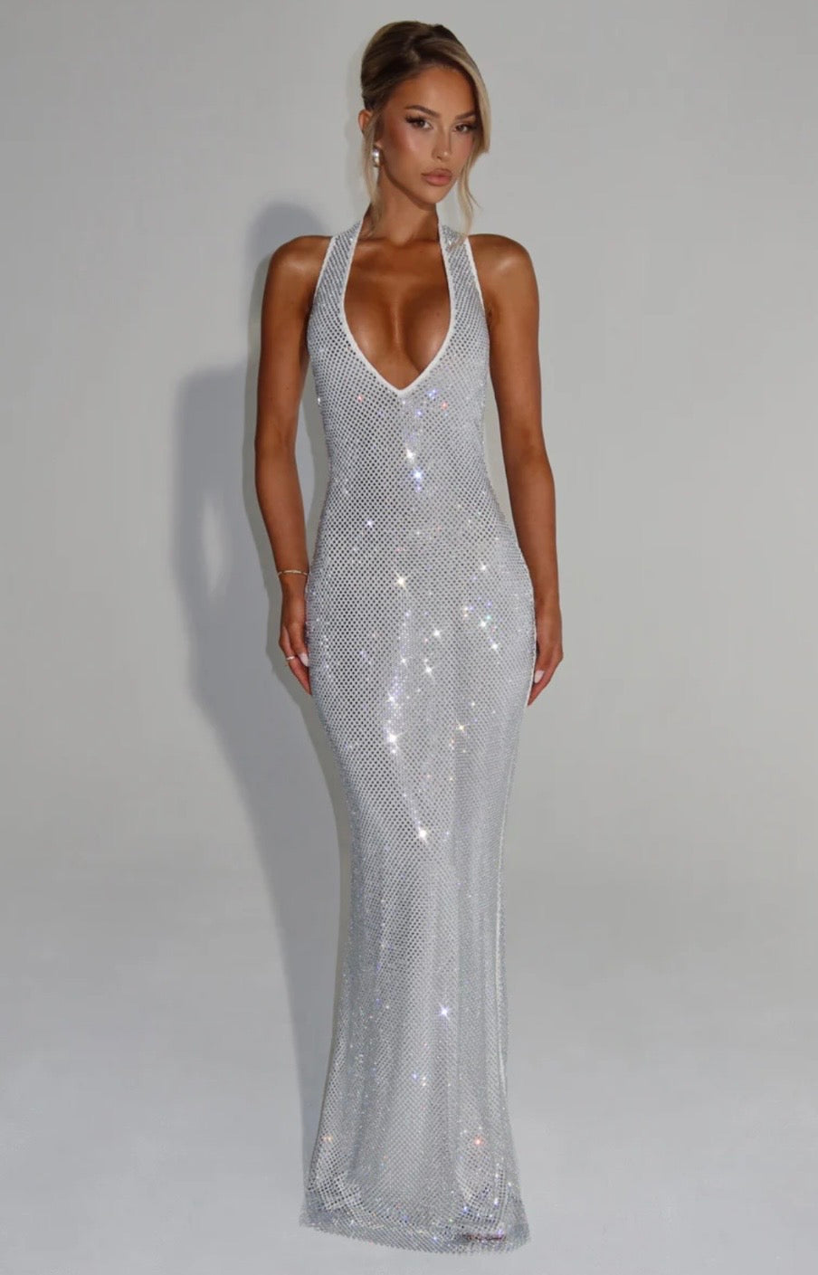 Cassidy | Plunging Neckline Crystal Mesh Halter Maxi Dress