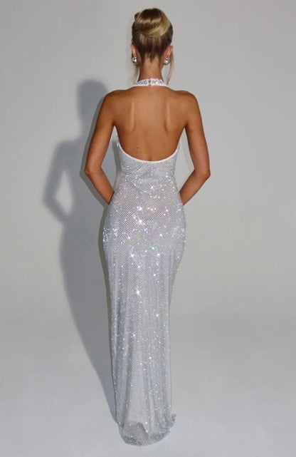 Cassidy | Plunging Neckline Crystal Mesh Halter Maxi Dress