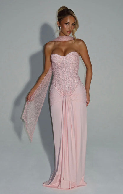 Esmeralda | Sculpted Bustier Embellished Mesh Maxi Dress